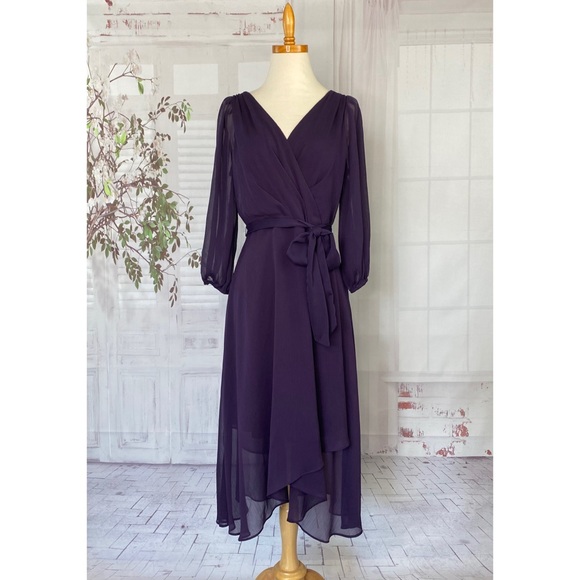 DKNY Dresses & Skirts - DKNY Midi Dress 10 Balloon Sleeve Chiffon Faux-Wrap Hi-Low Dark Purple Belted